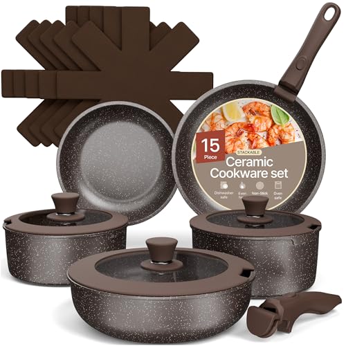 Bakken- Swiss Kitchen Cookware Set - Nonstick Granite Coating, Pots and Pans with Handles and Tempered Glass Lids, PFOA, PFOS, PTFE Free, Ceramic Max Temperature (Up To 500° F), Set of 15 - Dark Gray
