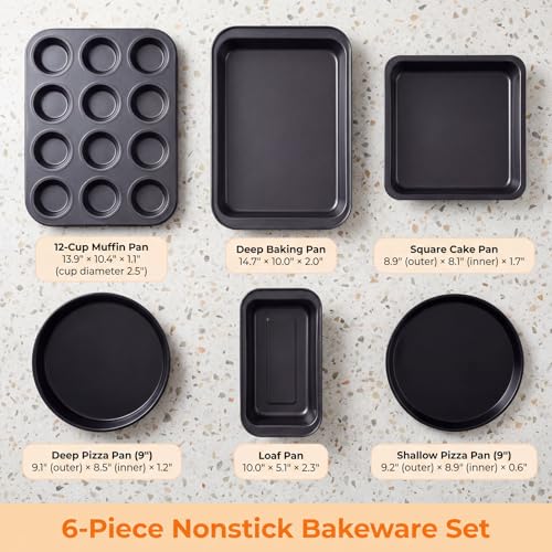 Baking Set, Nonstick Bakeware Sets,6 Pieces Baking Pans Set Including Roasting Pan Cookie Sheet Cake Pan Loaf Pan Muffin Pan, Oven & Dishwasher Safe Carbon Steel