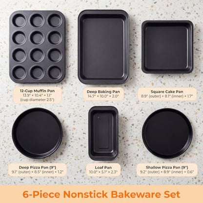 Baking Set, Nonstick Bakeware Sets,6 Pieces Baking Pans Set Including Roasting Pan Cookie Sheet Cake Pan Loaf Pan Muffin Pan, Oven & Dishwasher Safe Carbon Steel