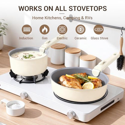 Ammeloo 18-Piece Ceramic Pots and Pans Set Non Stick, Non Toxic Cookware Set with Removable Handles, Pot Sets for Cooking, Induction Ready, Dishwasher & Oven Safe, PFAS PFOA & PTFE Free (Cream White)