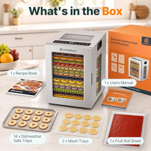 HOPERAN 14-Tray Food Dehydrator with 10 Presets, Stainless Steel, 840W