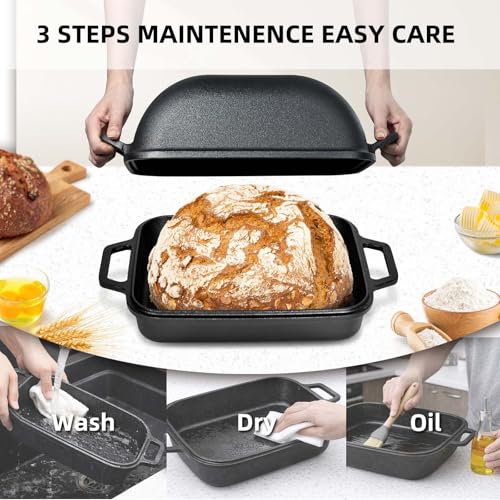 Davivy 9QT Pre-Seasoned Dutch Oven for Sourdough Bread, Non-stick Cast Iron Sourdough Bread Loaf Baking Pan, Large Capacity Cast Iron Loaf Pan, with Silicone Oven Mitts
