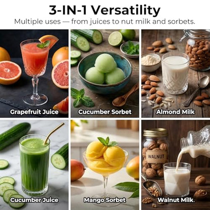 Cold Press Juicer Machine, 6.5" Large Feed Chute Masticating Extractor, Easy to Clean for Whole Fruits & Vegetables, High Yield