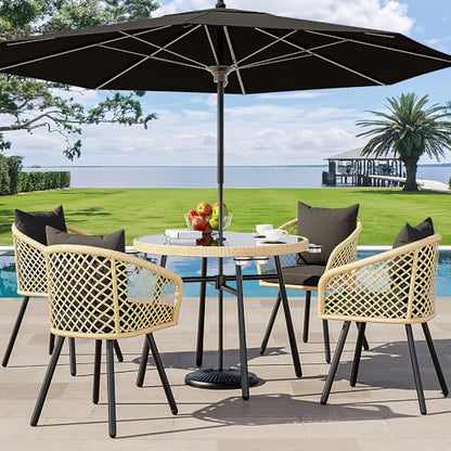 YITAHOME Outdoor Dining Set with Umbralle Hole, 5pcs Rattan Patio Dining Set for 4 with Cup Holders Soft Cushions and Glass Top Dining Table for Patio, Backyard, Garden, Bacony, Light Brown & Black