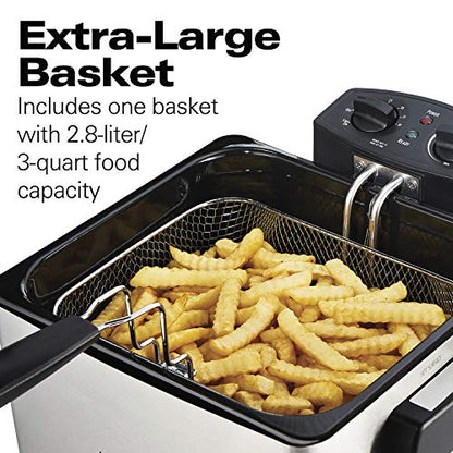 Hamilton Beach Electric Deep Fryer with Basket and Lid, 4.5 Liters / 19 Cups Oil Capacity, Temperature Control, View Window, Professional Style, 1800 Watts, Stainless Steel (35035A)