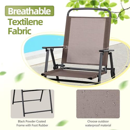 Vongrasig 6 Pieces Folding Patio Dining Set, All Weather Small Metal Outdoor Table and Chairs Set, Patio Furniture Set w/Umbrella, Glass Table & 4 Folding Chairs for Garden, Lawn, Backyard, Brown