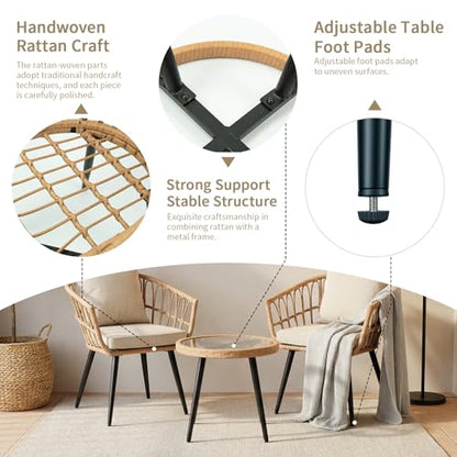 VineBreeze 3-Piece Patio Dining Set, Featuring a Round PE Rattan Table and 2 Chairs, Suitable for Bedrooms, Porches and Gardens All-Weather Furniture Set Includes Tempered Glass, Thick Cushions