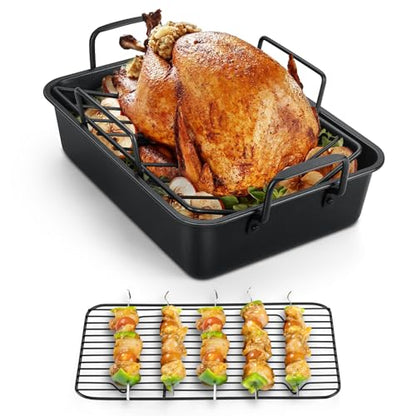 TeamFar Roasting Pan, 14” Nonstick Deep Lasagna Brownie Turkey Pan with V-Shaped Rack & Cooling Rack, with Stainless Steel Core & Nonstick Coating, Healthy & Heavy Duty, Easy to Clean, Set of 3