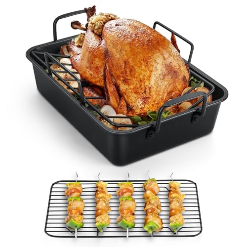 TeamFar Roasting Pan, 14” Nonstick Deep Lasagna Brownie Turkey Pan with V-Shaped Rack & Cooling Rack, with Stainless Steel Core & Nonstick Coating, Healthy & Heavy Duty, Easy to Clean, Set of 3