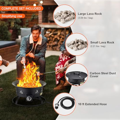 VEVOR Portable Propane Fire Pit, 24-Inch Diameter Outdoor Gas Fire Pit with Cover & Lava Rocks, Adjustable Flame Height Camping Firepit for Heating, Lighting, Gathering, 58,000 BTU, Black