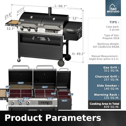 MFSTUDIO Gas and Charcoal Grill Combo with Side Smoker, Heavy Duty Dual Fuel BBQ Grill with Porcelain-Enamel Grates, Perfect for Outdoor Grilling, 840 SQIN Cooking Area