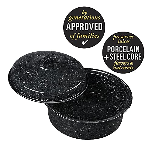 Granite Ware 8.7-Inch Small Covered Round Roaster, 3Lb Capacity – Mini Roaster Enamel Steel Cookware, Dishwasher Safe & PFOA-Free, Even Heat Distribution for Poultry, Meat, Vegetables (Speckled Black)