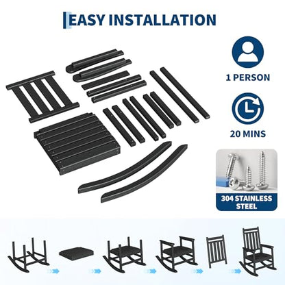 Garvee HDPE Rocking Chair Outdoor Set of 2 with Side Table - Poly High Back Porch Rocker Chairs for Adults - All Weather Resistant Furniture for Patio Front Porch - Black