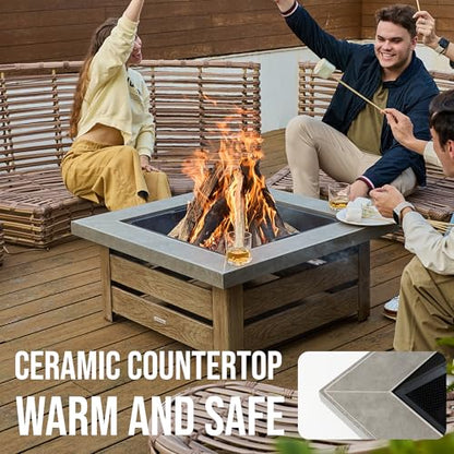 WILDMOS Firepits for Outside，Wood Burning Fire Pit with Wood-Grain Side Panels,Firepit for Outside with Mesh Cover & Fire Poker,Square Modern Outdoor Fireplace Fire Table. (Countryside)