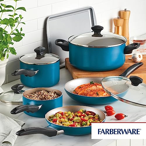 Farberware Dishwasher Safe Aluminum Nonstick Cookware Pots and Pans Set, 15-Piece, Teal