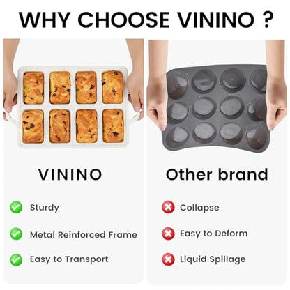 Vinino Silicone Mini Loaf Pans with Metal Reinforced Frame-2 Pack, Non-stick Silicone Bread Pan for Baking 8-Cavity, Tiny Banana Bread Set, Dishwasher Safe Brownie Pan-Cream