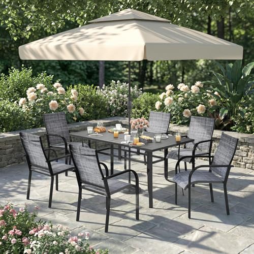 DSNAPE 7 Pieces Patio Table and Chairs Set, 63" Metal Dining Table with Umbrella Hole & 6 Textilene Fixed Chairs, Dining Table Set for 6, Outdoor Furniture for Porch Deck Backyard Balcony, Grey