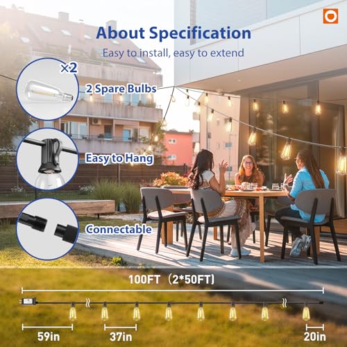 addlon 100FT LED Outdoor String Lights with Remote Waterproof Patio Lights with Shatterproof ST38 Replaceable Bulbs, Dimmable Outside Hanging Light Connectable for Porch, Backyard