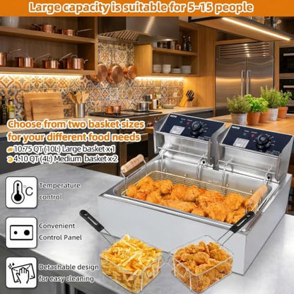 Commercial Deep Fryer with Basket, 12.7QT/12L Large Capacity Electric Oil Fryer, 3400W Stainless Steel Countertop Fryer with Temperature Control & Lids for Restaurant Home Kitchen