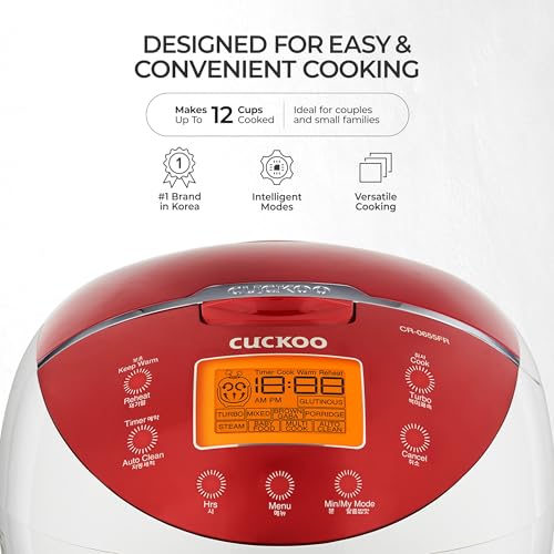 CUCKOO Micom Rice Cooker 6 Cup Uncooked / 12 Cup Cooked, Fuzzy Logic Rice Maker with Delay Timer & Keep Warm Setting, Versatile Food Steamer for Cooking, Non-Stick Inner Pot, Red (CR-0655F)