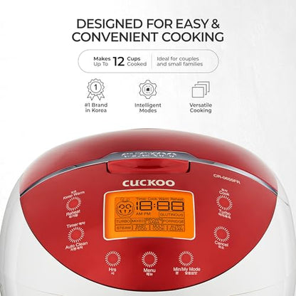 CUCKOO Micom Rice Cooker 6 Cup Uncooked / 12 Cup Cooked, Fuzzy Logic Rice Maker with Delay Timer & Keep Warm Setting, Versatile Food Steamer for Cooking, Non-Stick Inner Pot, Red (CR-0655F)