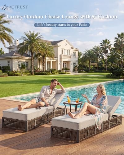 ACTREST Luxury Outdoor Chaise Lounge Chairs of 2 with 5 Inch Thick Cushions and Side Table - 3 PCS High Back Brown Wicker Rattan Patio Recliners Lounger Furniture Set for Poolside Sunbathing - Beige