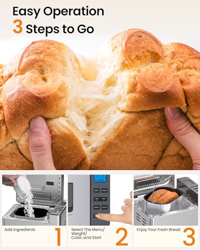 KOVIET 25-in-1 Bread Maker Machine with Automatic Dual Dispenser, 2LB Stainless Steel Breadmaker with Gluten-Free, Dough, Jam, Yogurt etc Settings, Silver