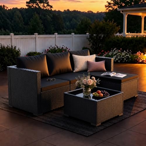 WWR Patio Furniture Set 5 Piece - Wide Armrests - All-Weather Wicker Rattan Outdoor Conversation Couch Sets, Modular Sectional Sofa for Garden, Patio, Poolside, Backyard, Balcony, Porch