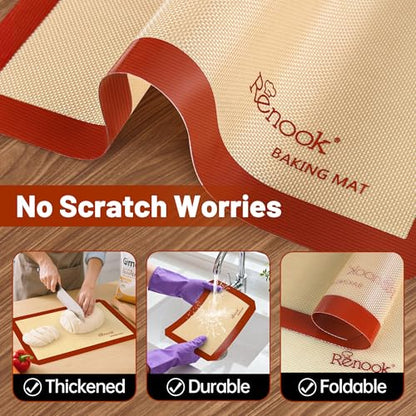 RENOOK Silicone Baking Mats, 3PACK Reusable Non-stick Baking Mats for Cookies, Easy Clean & Non-Slip Food Grade, 16.5’’ x 11.6’’ Baking Sheets for Cookies, Bread and Pastry, Baking Supplies for Oven