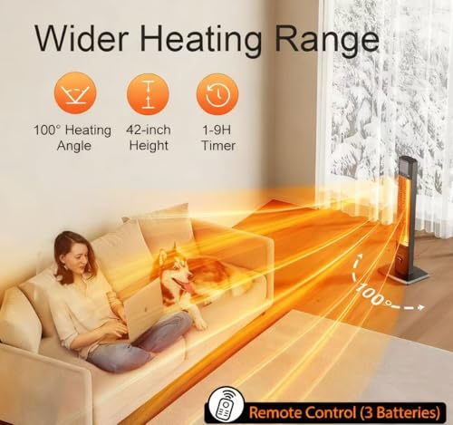 AIRTHRYL 42 INCH Outdoor Patio Heater, 9 Heat Levels & 9 Hour Timer, 1500W, 1S Instant Heat, Infrared Heater with Child Safety Lock, IP65 Waterproof, Tip-Over for Outdoor Indoor Use, Black