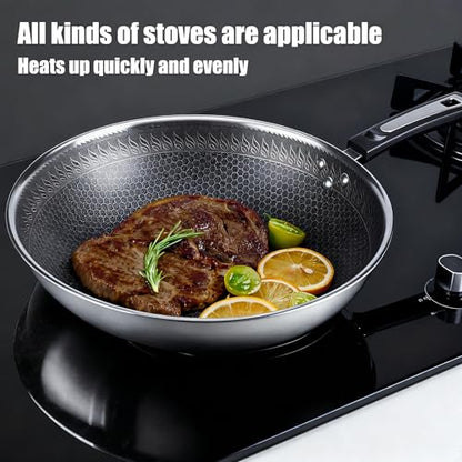 SLONUVLND Non Stick Frying Pans,Hybrid 12 Inch Stainless Steel Frying Pan,Honeycomb Skillet with Lid,Non-Toxic Cooking Pan,Compatible with All Cooktops
