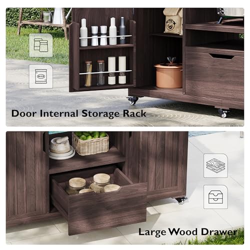 Merax 66.5" Outdoor Grill Table for Big Green Egg, Farmhouse Kitchen Island on Wheels with Stainless Steel Tabletop, Drawer and Spice Rack, Solid Wood Outdoor Storage Cabinet for Backyard, Dark Brown