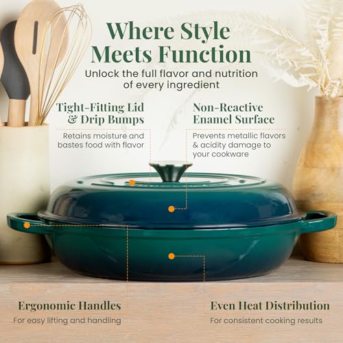 Larder & Vine Enameled Cast Iron Braiser | 3.6 qt Braiser Pan with Lid | Shallow Dutch Oven Compatible on All Cooktops | Casserole Dish Oven Safe to 500° F | Dual Handles | Bondi