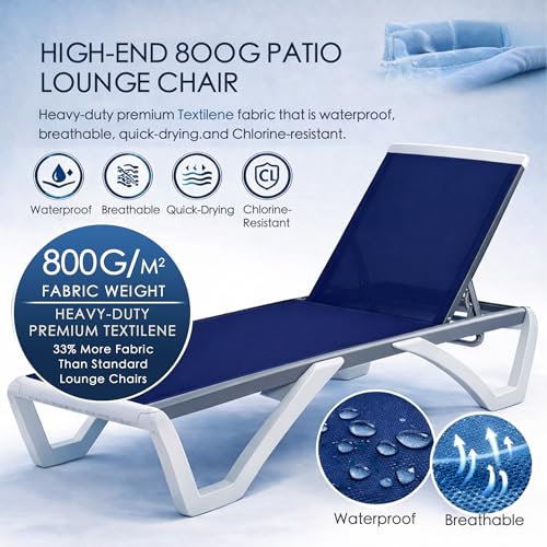 Kozyard Outdoor Chaise Lounge Chair, Full Flat Adjustable Patio Lounger with Aluminum Frame & Resin Legs, Textilene Fabric for Poolside, Backyard & Beach (NavyBlue, 2Chairs with Table)