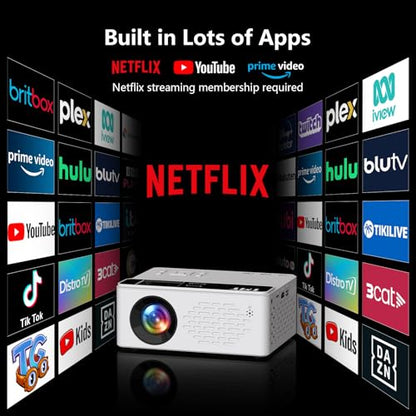 TMY 1080P Full HD Portable Mini Projector, Bluetooth Movie Projector, Compatible with TV Stick/Smartphone/PC/Game Console/HDMI/USB, Indoor & Outdoor Use, Built in Netflix app