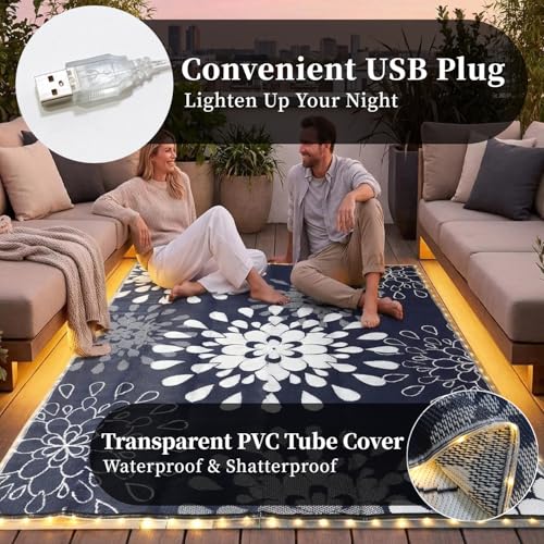 Wallona Outdoor Rugs 8x10 ft Patio Waterproof with Led Strip Lights Indoor Outdoor Carpet for Patio Plastic Straw Reversible Area Rugs Mat for RV, Camping, Beach, Picnic, Porch, Flower Blue & White