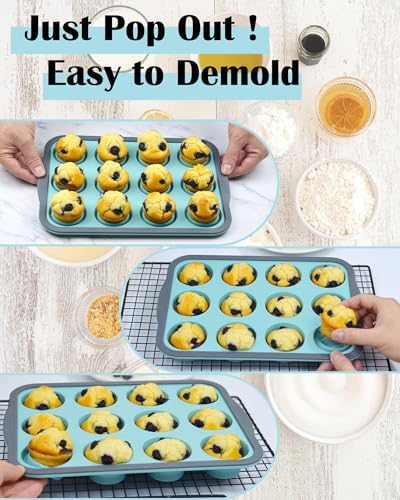 LGQUK Silicone Muffin Pan for Baking with Metal Frame， Nonstick Cupcake Pan， 12 Cup Baking Pan for Cupcake, Tarts, Egg Bites(12 Cup Green)