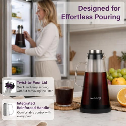 bonVIVO Cold Brew Coffee Maker 1.9L Glass Pitcher with Steel Filter (64OZ)
