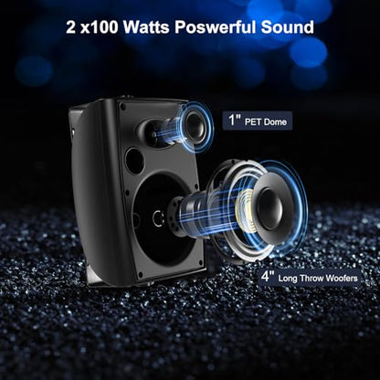 Herdio 4" Passive Outdoor Speakers Waterproof Wired, 200W Wall Mount Speakers with Superior Sound,Dual Swivel Brackets for Patio/Deck/Backyard (Pair, Black)