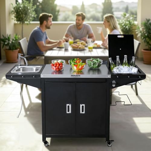 ROVSUN Outdoor Grill Cart with Sink, 304 Stainless Steel Sink with Cold Drink Refrigerated Area, Rolling Kitchen Prep Island with Cabinet, Bottle Opener, Rubbish Rack, for Patio, Gardens, Backyards