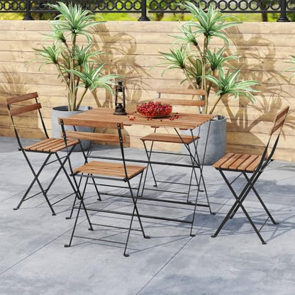 Giantex 5-Piece Outdoor Dining Table Set for 4, Acacia Wood Bistro Table with 4 Folding Patio Chairs, Slatted Seat & Tabletop, Metal Frame, for Yard Porch Garden Poolside (Black + Brown)