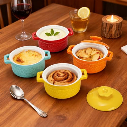 Hacaroa Set of 6 Mini Cocotte with Lid, 8 Oz Ceramic Ramekins with Handles, Small Casserole Dishes Individual Serving Pot for Baking, Soufflé, Soup, Cobbler, Oven Safe, 6 Colors