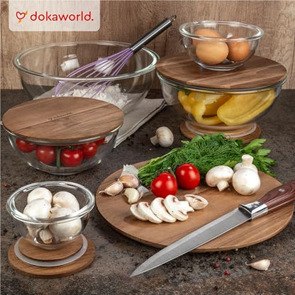 dokaworld Set of 5 Nesting Glass Bowls with New Updated Acacia Lids for Foodprep, Storage, Mixing & Cooking - Microwave & Oven-ready BPA Free Durable Heat Resistant Inert Borosilicate Glass