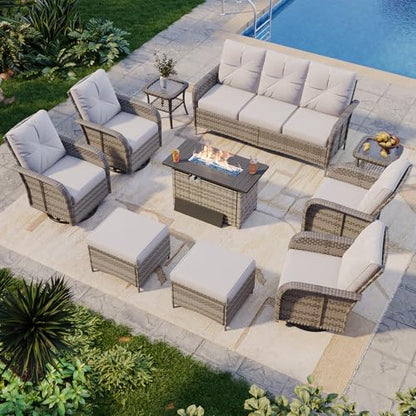 Aoxun 10-Piece Patio Furniture Set with 44” Fire Pit Table, Wicker Rattan Outdoor Sectional Sofa with High Back Swivel Rocker Chairs, Outdoor Patio Furniture Set with Thick Cushions & Ottoman, Grey