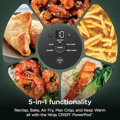 Ninja Crispi 5-in-1 Glass Air Fryer | With Nontoxic 2.5 QT, 4QT, 6-Cup Containers & Lids | Microwave, Freezer & Dishwasher Safe | 450°F Max Temp | Green | FN103BF