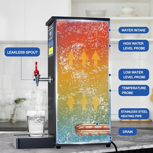 Hot Water Dispenser Commercial Water Boiler Countertop Hot Water Machine Stainless Steel Step-heating Temperature Control 86-212°F for Boba Tea Coffee Office Restaurant 1600W, 30L(8GAL)/Hour, Black
