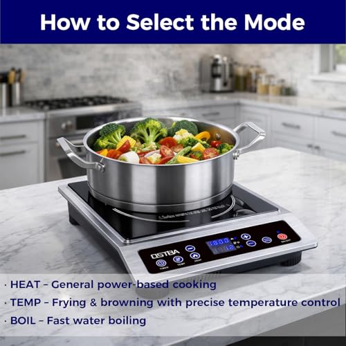 OSTBA 1800W Commercial Induction Cooktop, 7" Heating Coil Countertop Induction Burner, 10 Power Levels & 120–460°F Temperature Control, 3H Timer, Keep Warm, ETL Certified