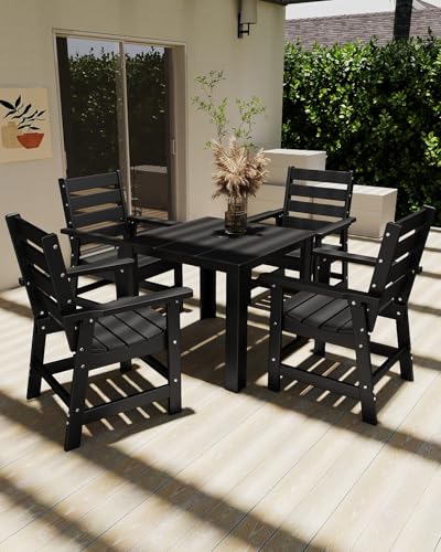 GREENVINES 5-piece Patio Dining Set, HDPE Square Table & 4 Chairs, Black