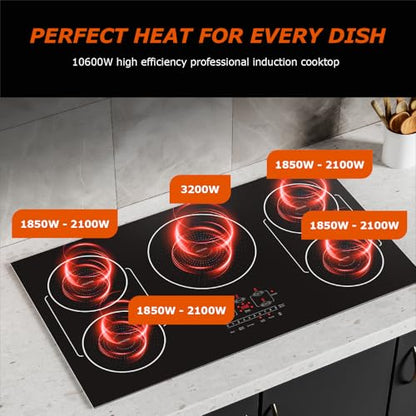 BIGoods 36 Inch Induction Cooktop 5 Burners, Flat Glass Top Electric Stove Hob with Bridge-SYNC, 3 Preset Modes Booster, Timer, Pause, Child Lock, Drop in, 208~240V/50A, Black