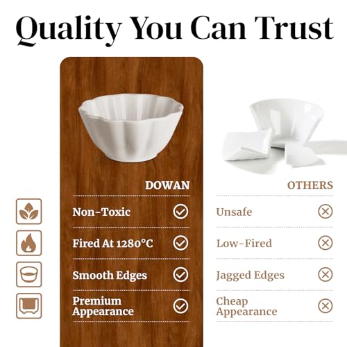 DOWAN Porcelain Ramekins - Oven Safe Serving Bowls for Souffle, Creme Brulee and Dipping Sauces, Flower Shape Ramekins for Baking (4OZ, White)